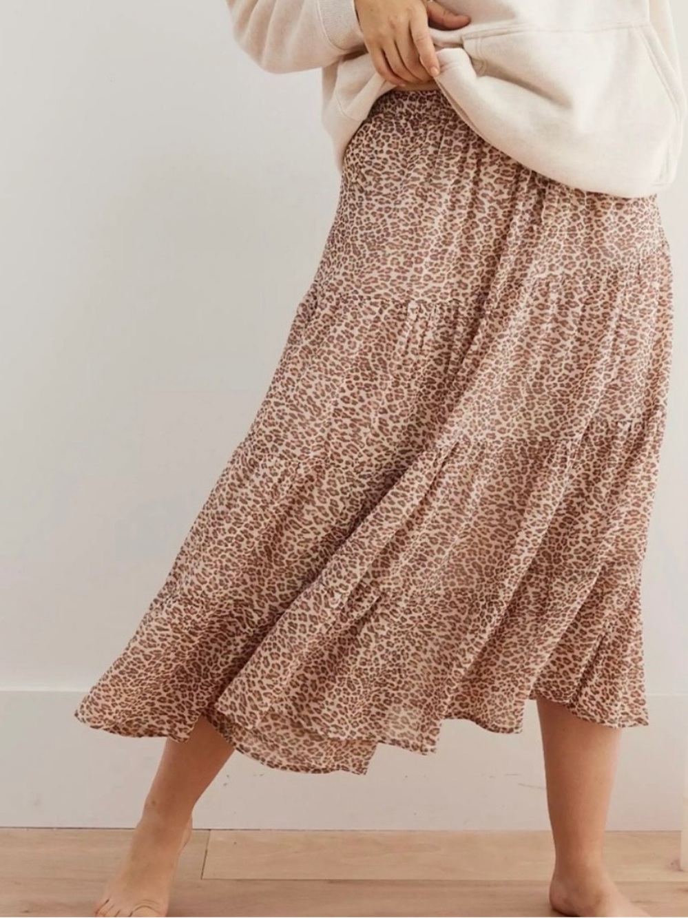aerie Taupe Leopard Tiered Midi Skirt